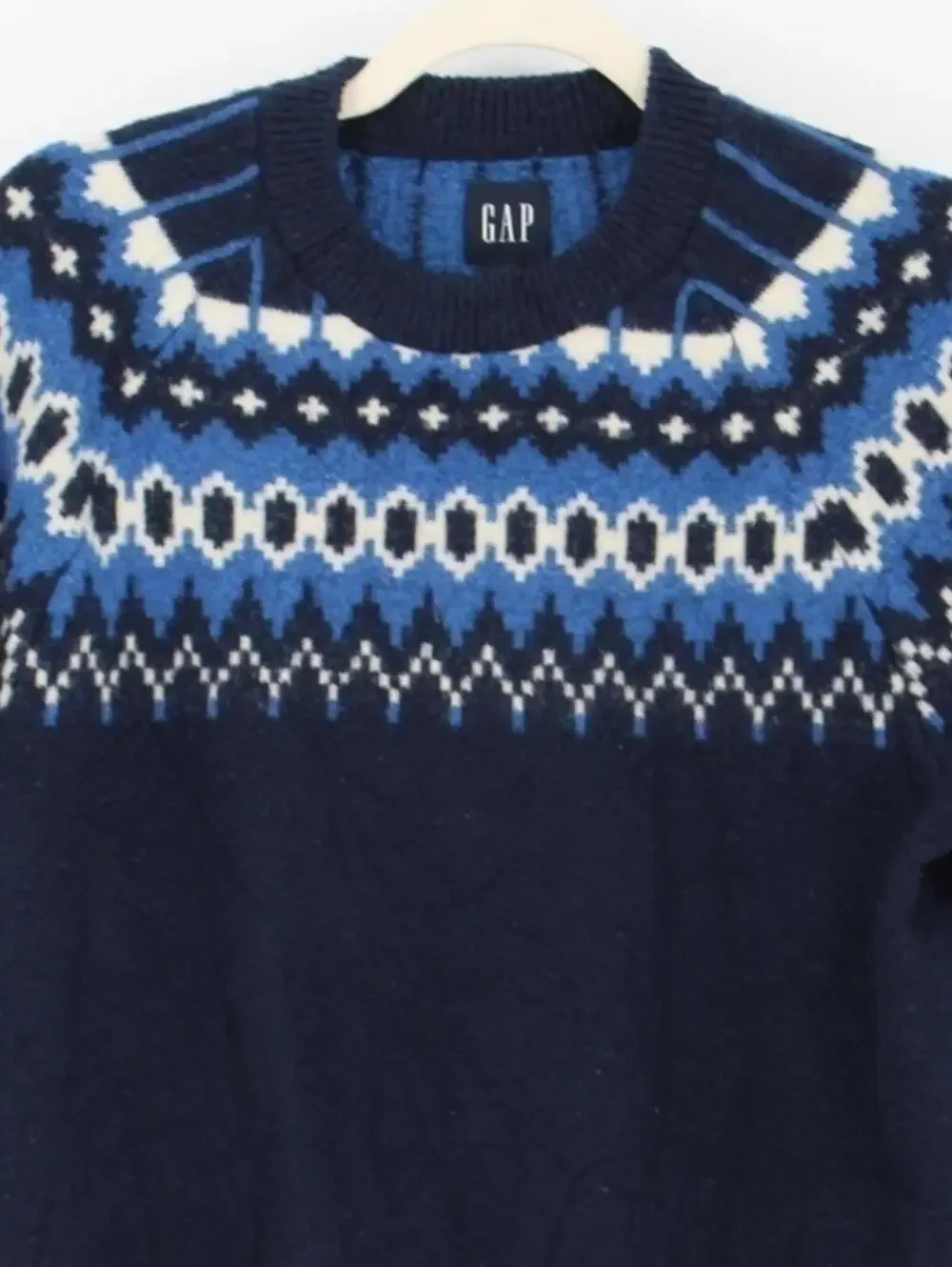Gap $88 Small Navy Blue White Fair Isle Nordic Crew Neck Wool Blend Sweater